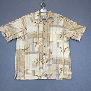 Bamboo Cay Shirt Mens Medium Beige Tan Camp Hawaiian Resort Sateen Bamboo Print